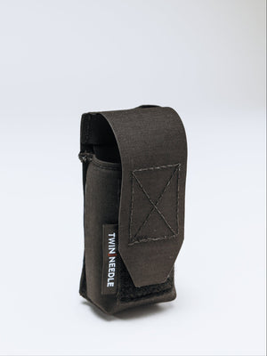 Black pouch with a brand logo on a white background