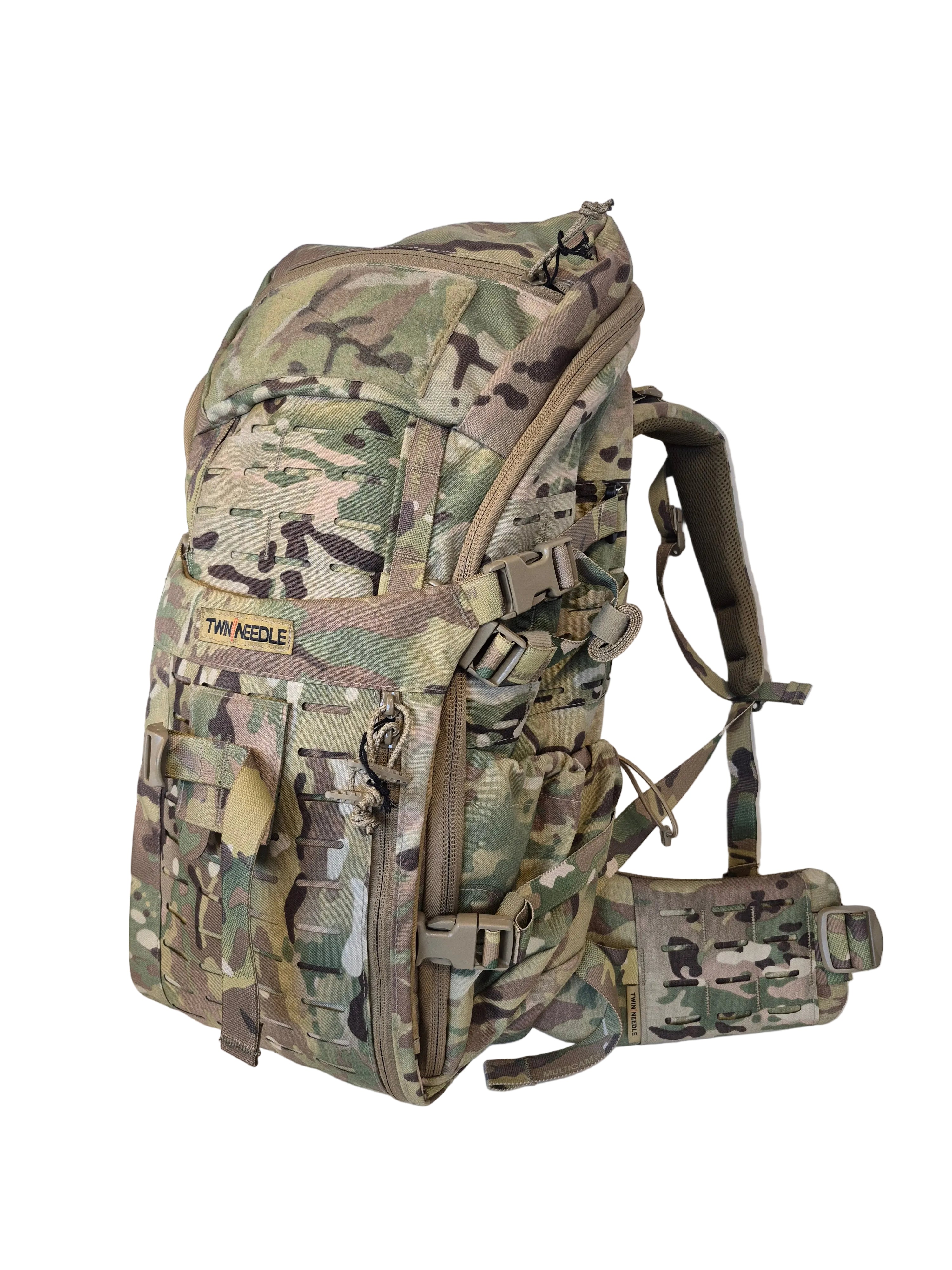Camouflage tactical backpack on a white background